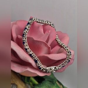 Vintage Sterling Silver Blue & Clear Stone Tennis Bracelet